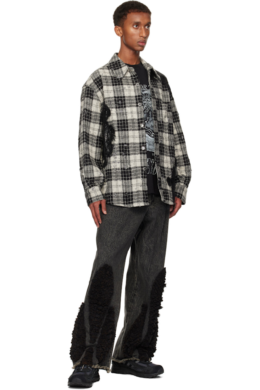 Wool flannel jacket. Jacquard check pattern, sequin, and distressing throughout.

· Spread collar
· Button closure
· Patch pocket
· Shirttail hem
· Single-press-stud barrel cuffs
· Cotton Oxford cloth lining
· Logo-engraved silver-tone hardware

Supplier color: Black/White
