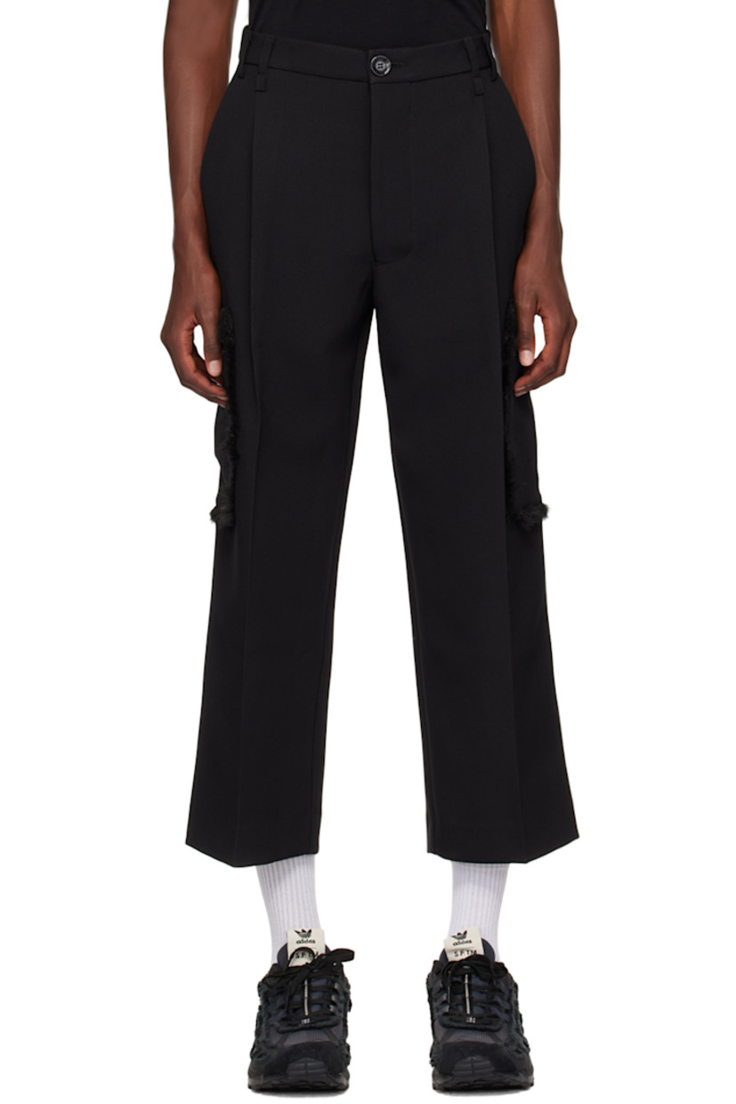 Straight-leg polyester serge cargo pants.

· Belt loops
· Four-pocket styling
· Button-fly
· Pleats at front
· Creased legs
· Cropped legs
· Patch pocket with fringed trim at outseams
· Logo-engraved tortoiseshell hardware

Supplier color: Black