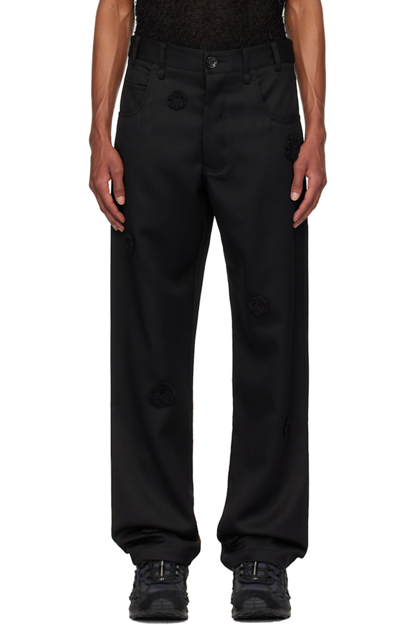 Straight-leg wool drill trousers. Hand-woven cotton floral accents throughout.

· Belt loops
· Five-pocket styling
· Button-fly

Supplier color: Black