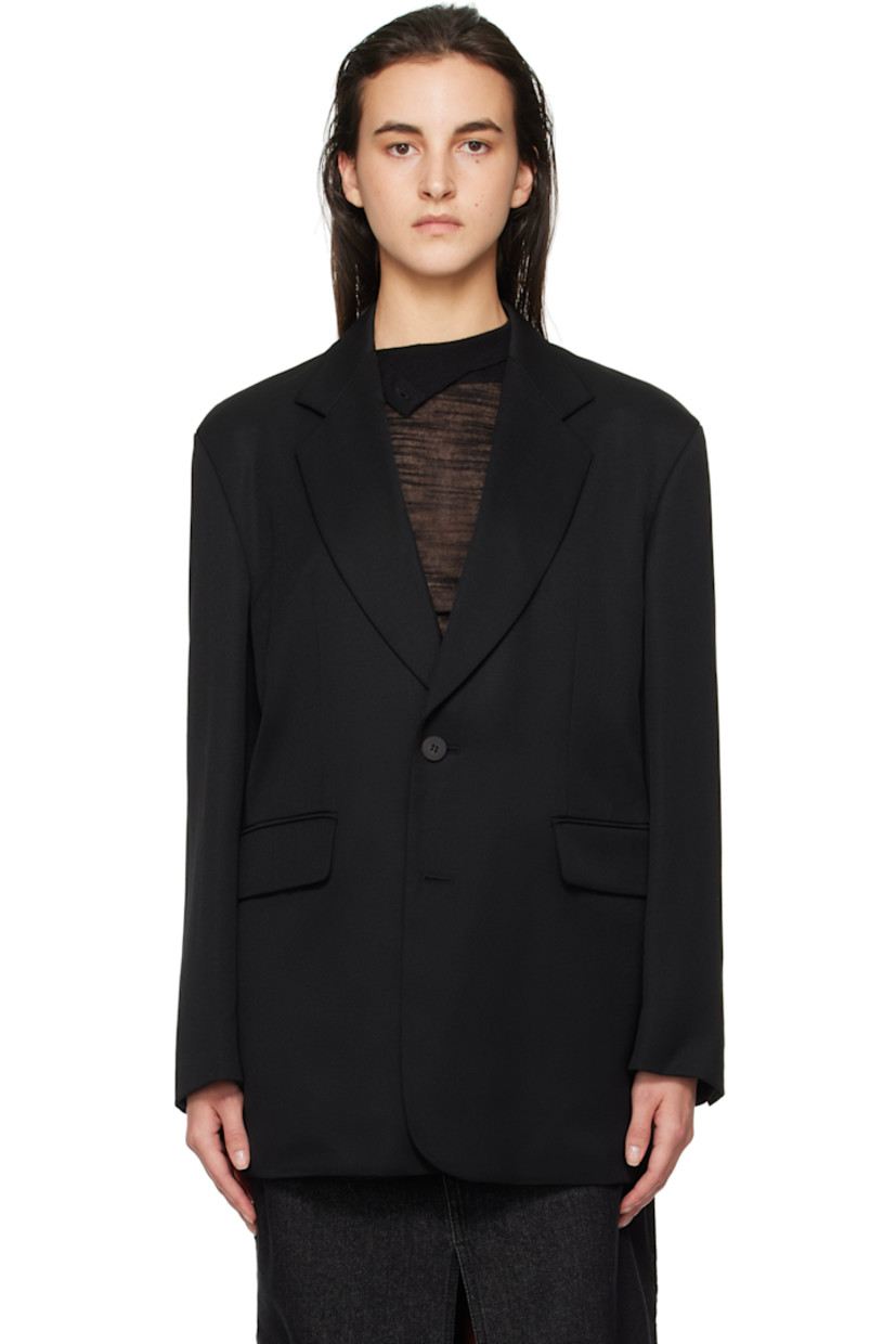 Wool twill blazer.

· Notched lapel
· Button closure
· Flap pockets
· Padded shoulders
· Three-button surgeon's cuffs
· Logo hardware at back collar
· Full satin lining

Supplier color: Black