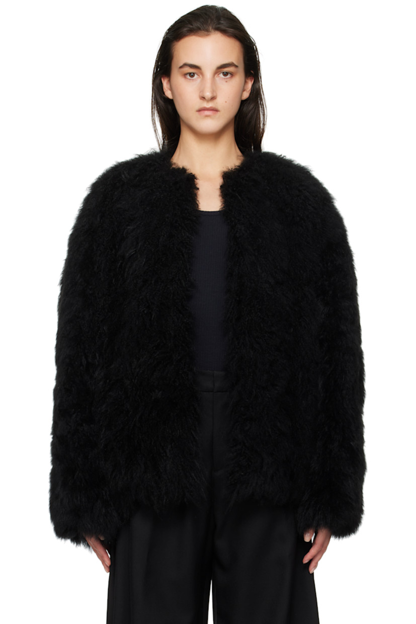 Lambskin fur jacket.

· Round neck
· Hook-eye closure
· Bungee-style drawstring at hem
· Logo patch at back collar
· Full satin lining

Supplier color: Black