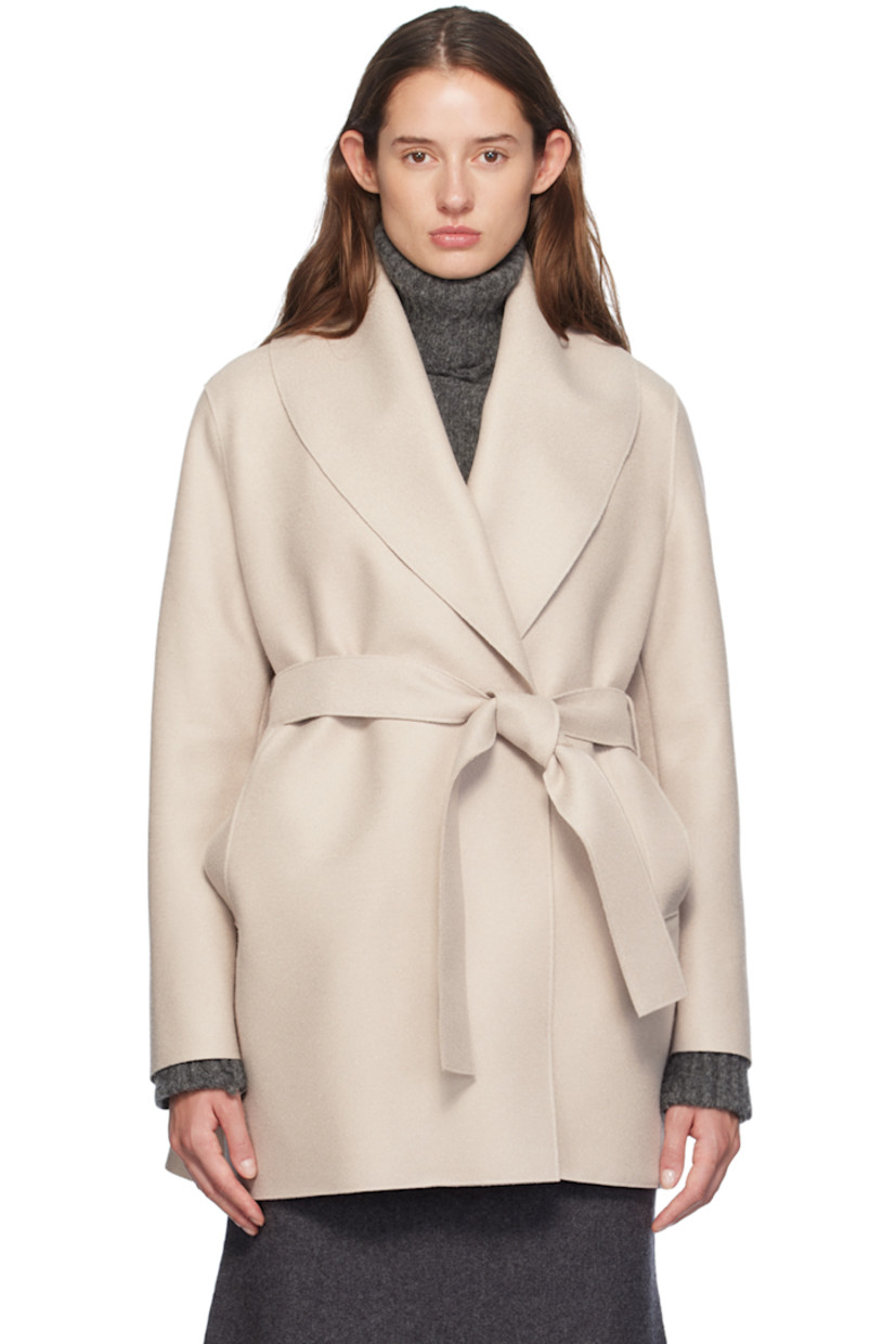 Brushed virgin wool melton jacket. 

· Shawl collar 
· Open front
· Belt loops and detachable self-tie belt
· Welt pockets
· Unlined

Supplier color: Cream