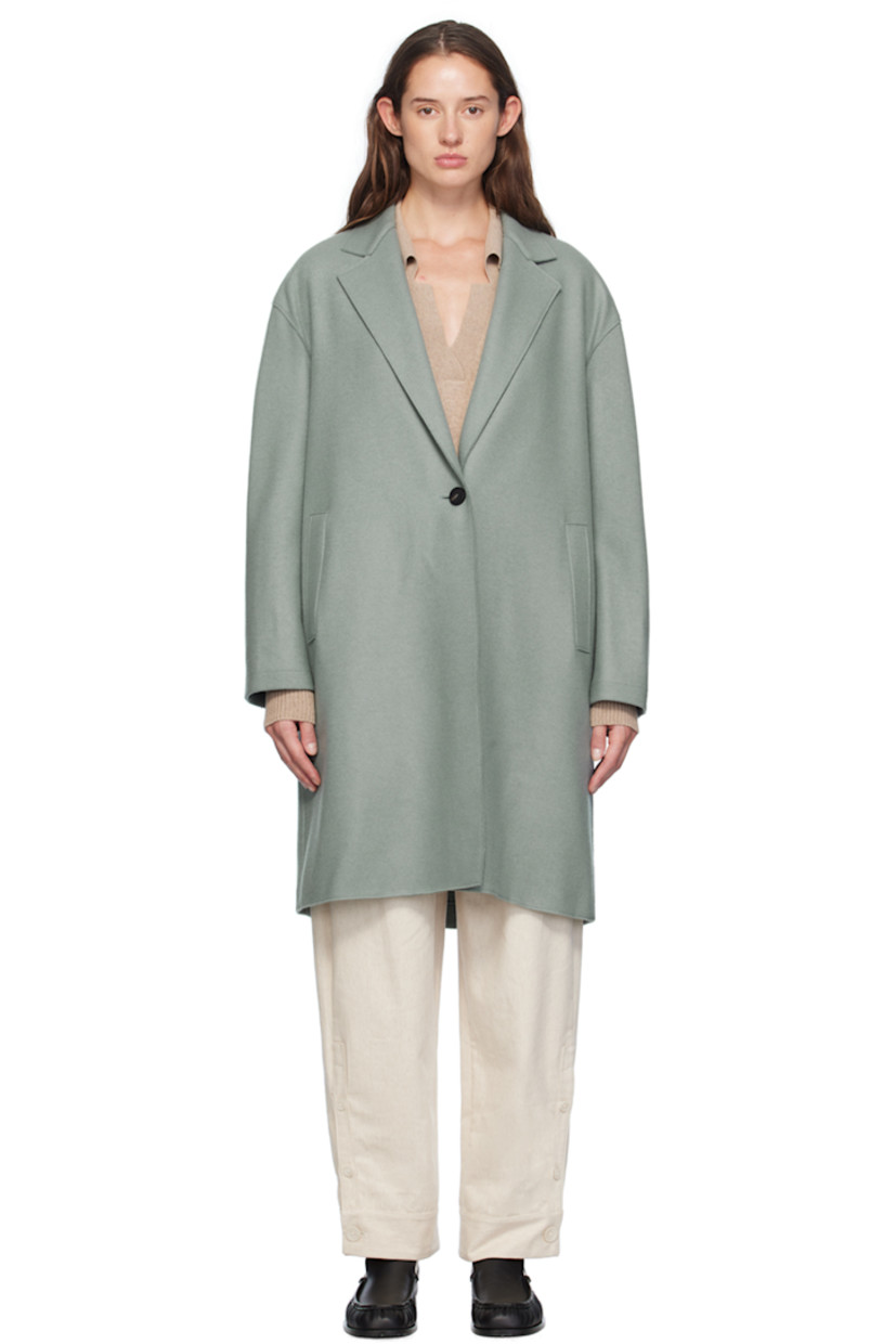 Oversized mulesing-free virgin wool- and silk-blend melton coat. Raw edges throughout. 

· Notched lapel
· Button closure
· Welt pockets
· Dropped shoulders
· Unlined

Supplier color: Sage green