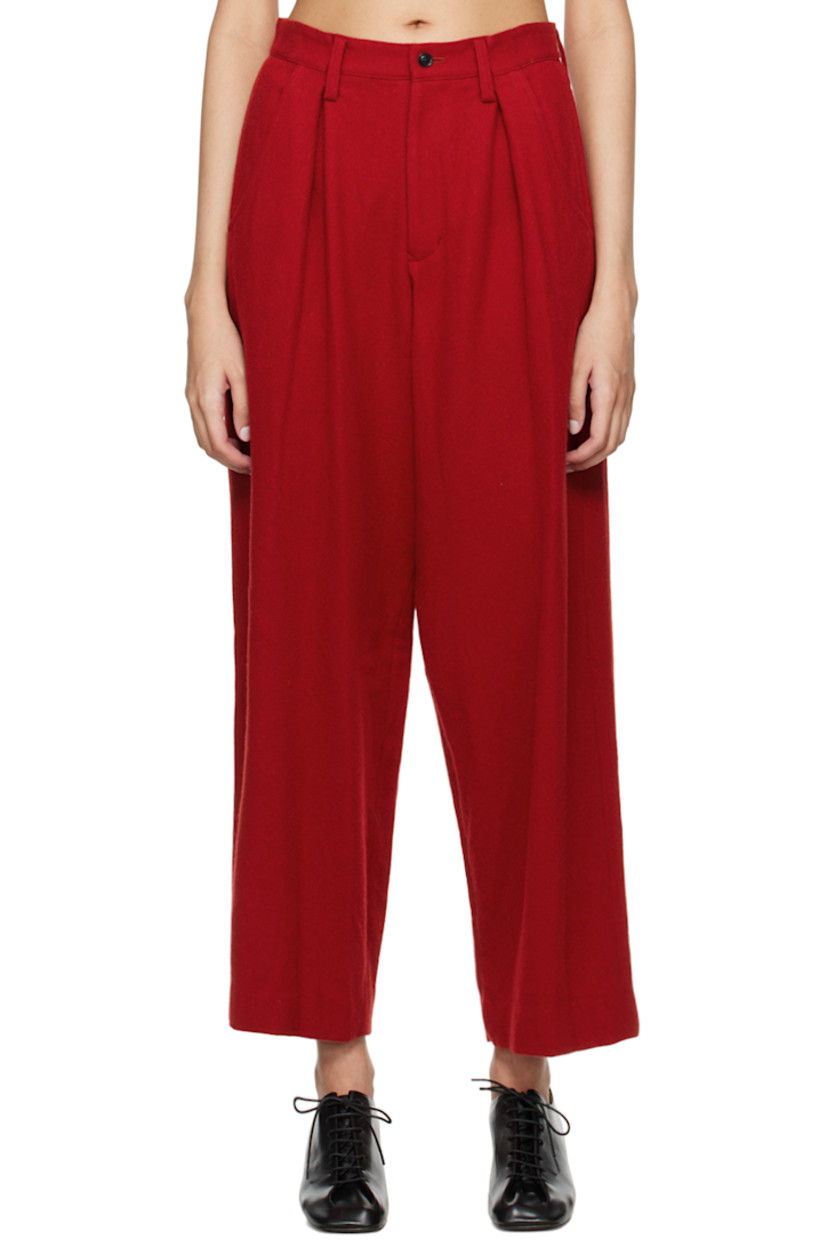 Wool-blend twill trousers.

· Belt loops
· Two-pocket styling
· Zip-fly
· Inverted box pleats at front
· Partial cupro satin lining

Supplier color: Red