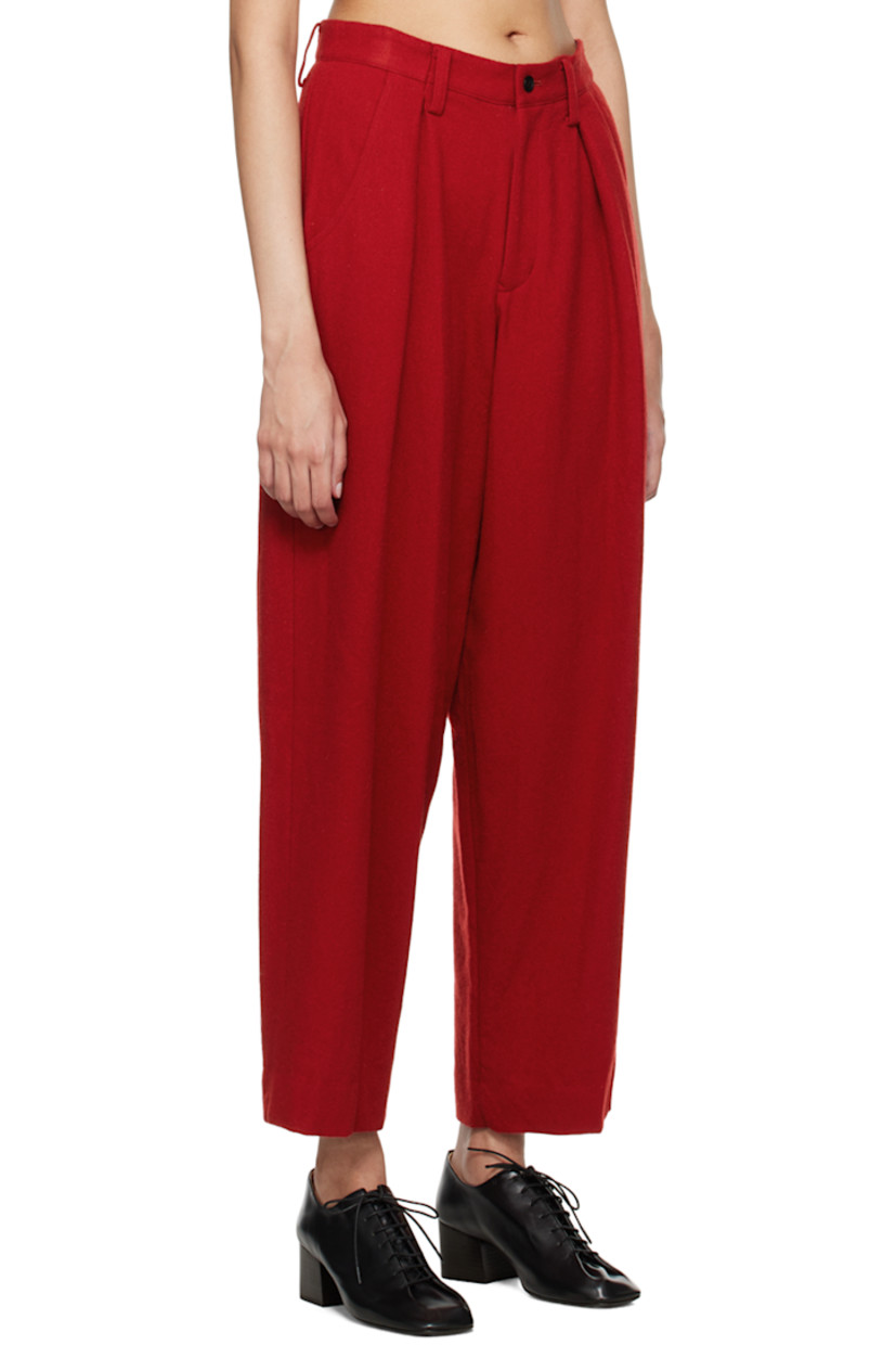 Wool-blend twill trousers.

· Belt loops
· Two-pocket styling
· Zip-fly
· Inverted box pleats at front
· Partial cupro satin lining

Supplier color: Red