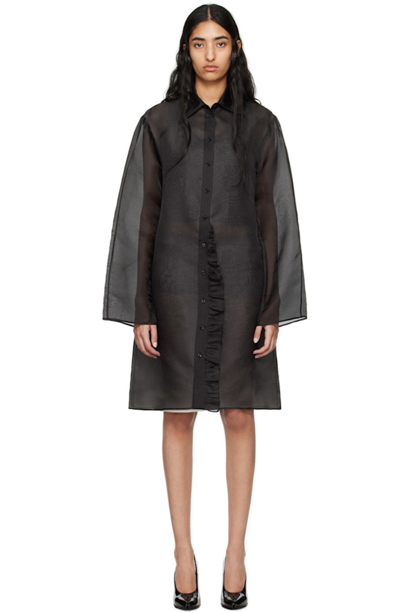 Semi-sheer organic silk organza dress. 

· Spread collar 
· Ruffles at button closure
· Flared cuffs
· Central seam at back
· Fully lined

Supplier color: Black