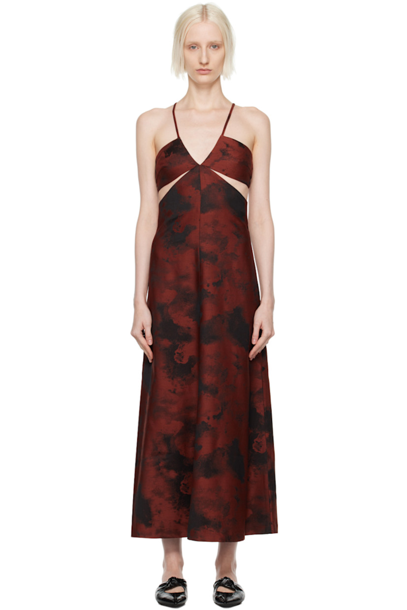 A-line RWS-certified wool serge dress. Jacquard graphic pattern throughout.

· V-neck
· Darts at chest
· Cutout at sides
· Fixed shoulder straps
· Zip closure at back
· Unlined

Supplier color: Red/Black