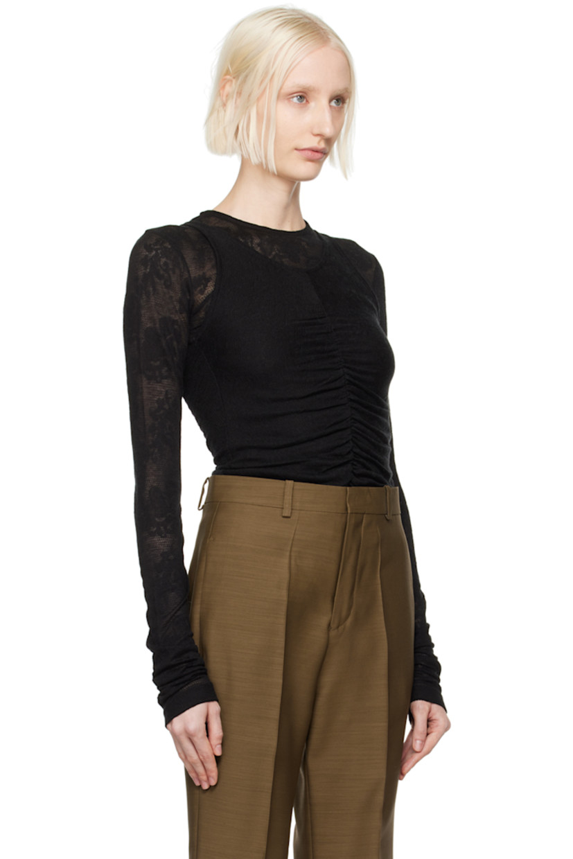 Slim-fit sheer viscose- and TENCEL™-blend crepe T-shirt. Ruching at tank top-style overlay.

· Layered construction
· Jacquard floral pattern throughout 
· Crewneck

Supplier color: Black