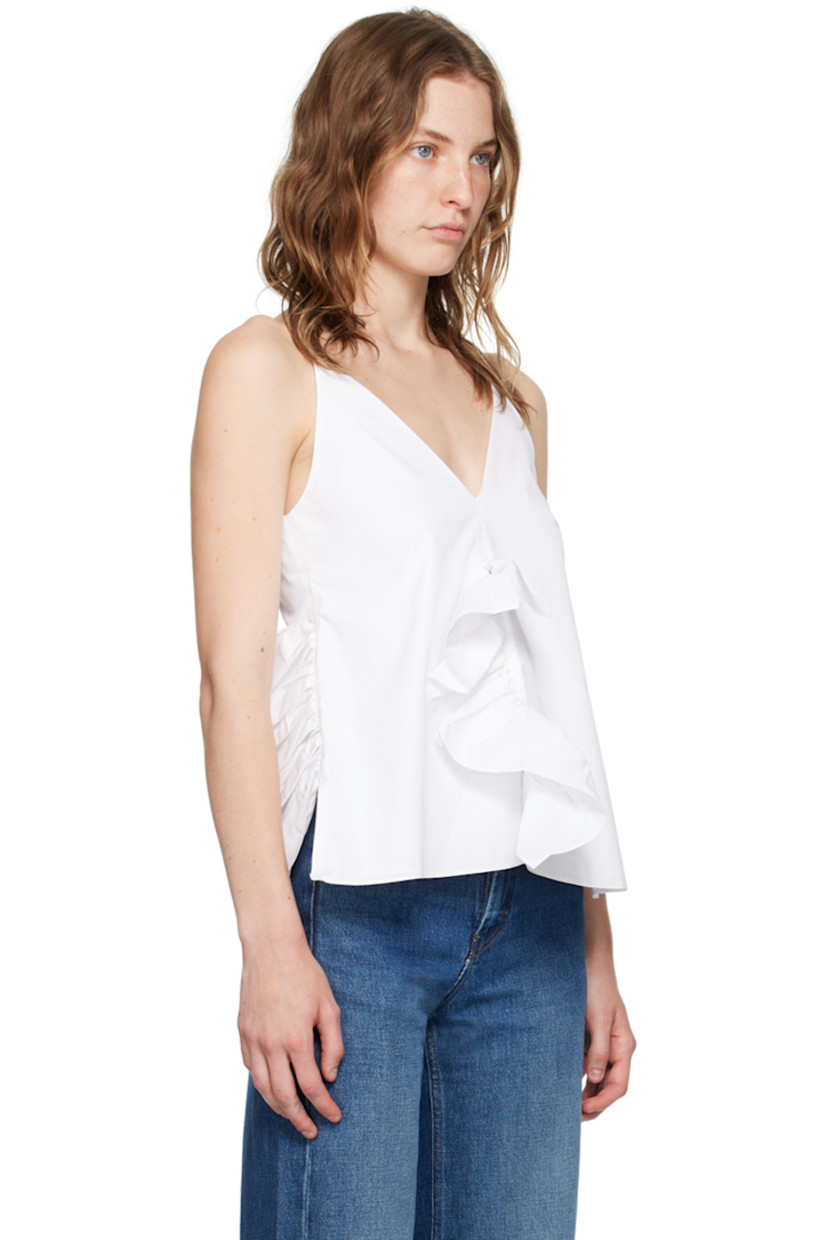 Cotton poplin tank top. 

· Vents and ruffled trim throughout
· V-neck

Supplier color: White
