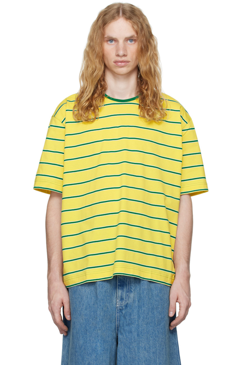 Oversized yarn-dyed lightweight organic cotton jersey T-shirt. Stripes throughout.

· Rib knit crewneck
· Dropped shoulders
· Logo flag at back collar

Supplier color: Yellow stripes