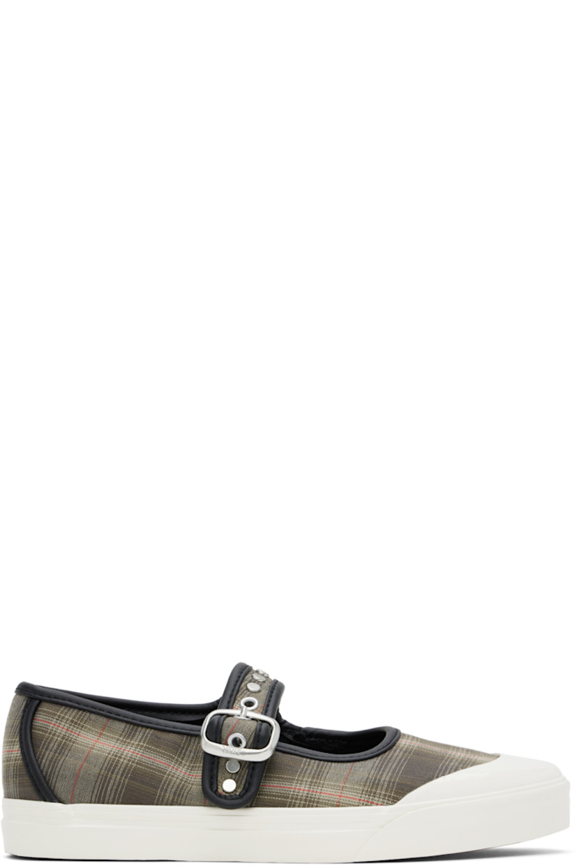 Plain-woven Mary Jane-style ballerina flats in khaki. 

· Check pattern and grained faux-leather trim throughout
· Rubber cap toe
· Pin-buckle strap with studs at vamp
· Logo printed at padded footbed
· Grained faux-leather lining
· Treaded rubber sole

Supplier color: Prep plaid olive