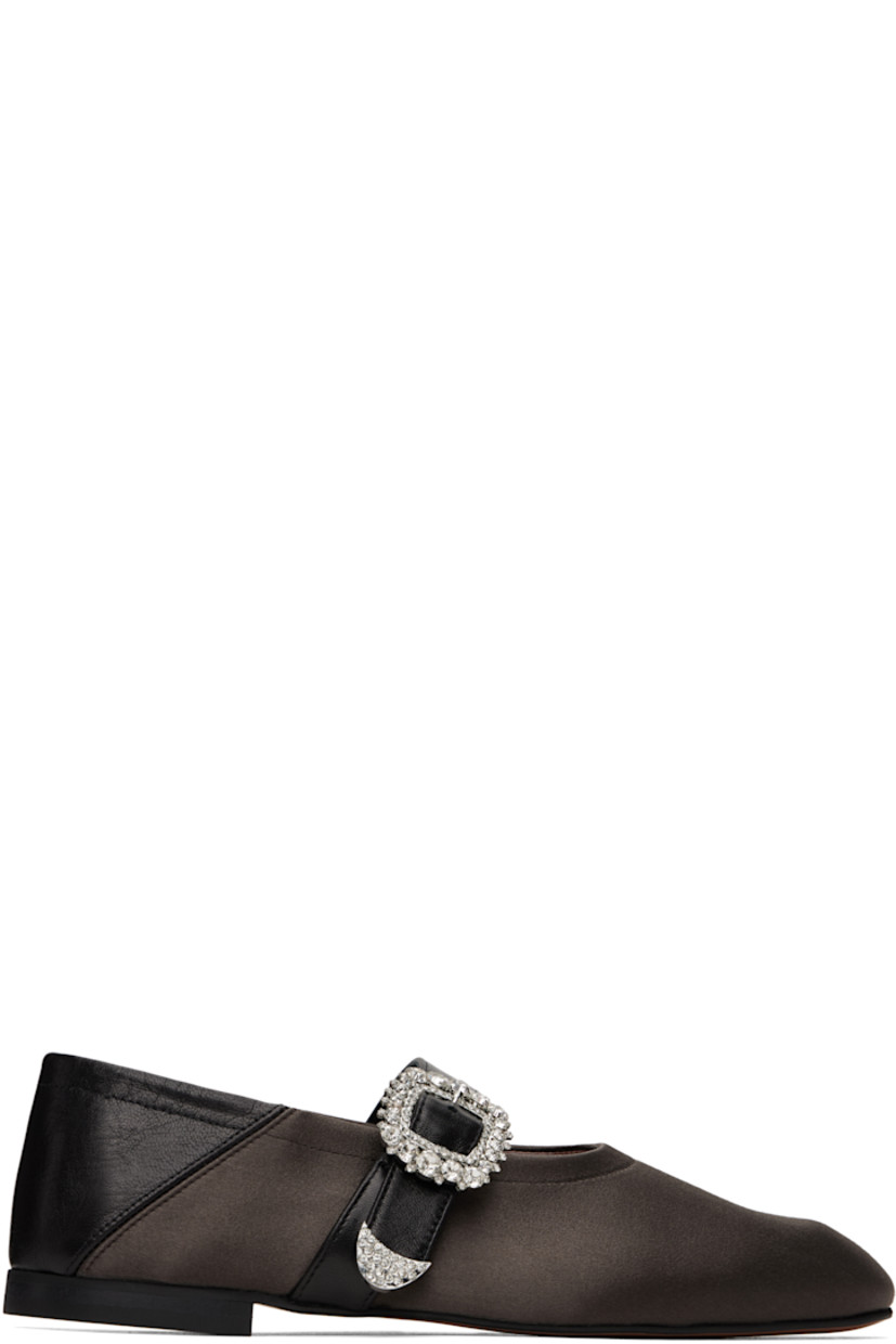 Viscose satin and grained leather Mary Jane-style ballerina flats in brown and black.

· Almond toe
· Crystal-cut pin-buckle strap at vamp
· Collapsible heel counter
· Buffed leather lining
· Stacked leather heel with rubber injection
· Leather sole

Supplier color: Brown