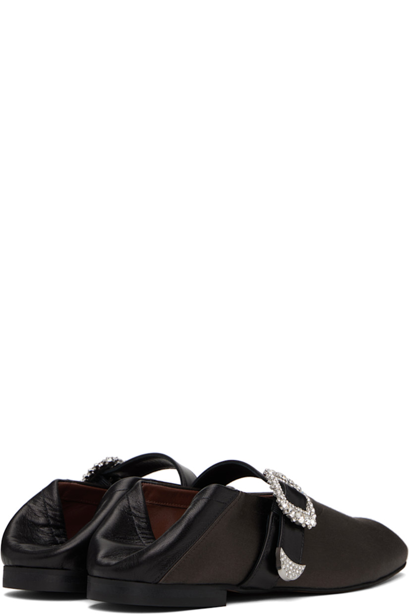 Viscose satin and grained leather Mary Jane-style ballerina flats in brown and black.

· Almond toe
· Crystal-cut pin-buckle strap at vamp
· Collapsible heel counter
· Buffed leather lining
· Stacked leather heel with rubber injection
· Leather sole

Supplier color: Brown