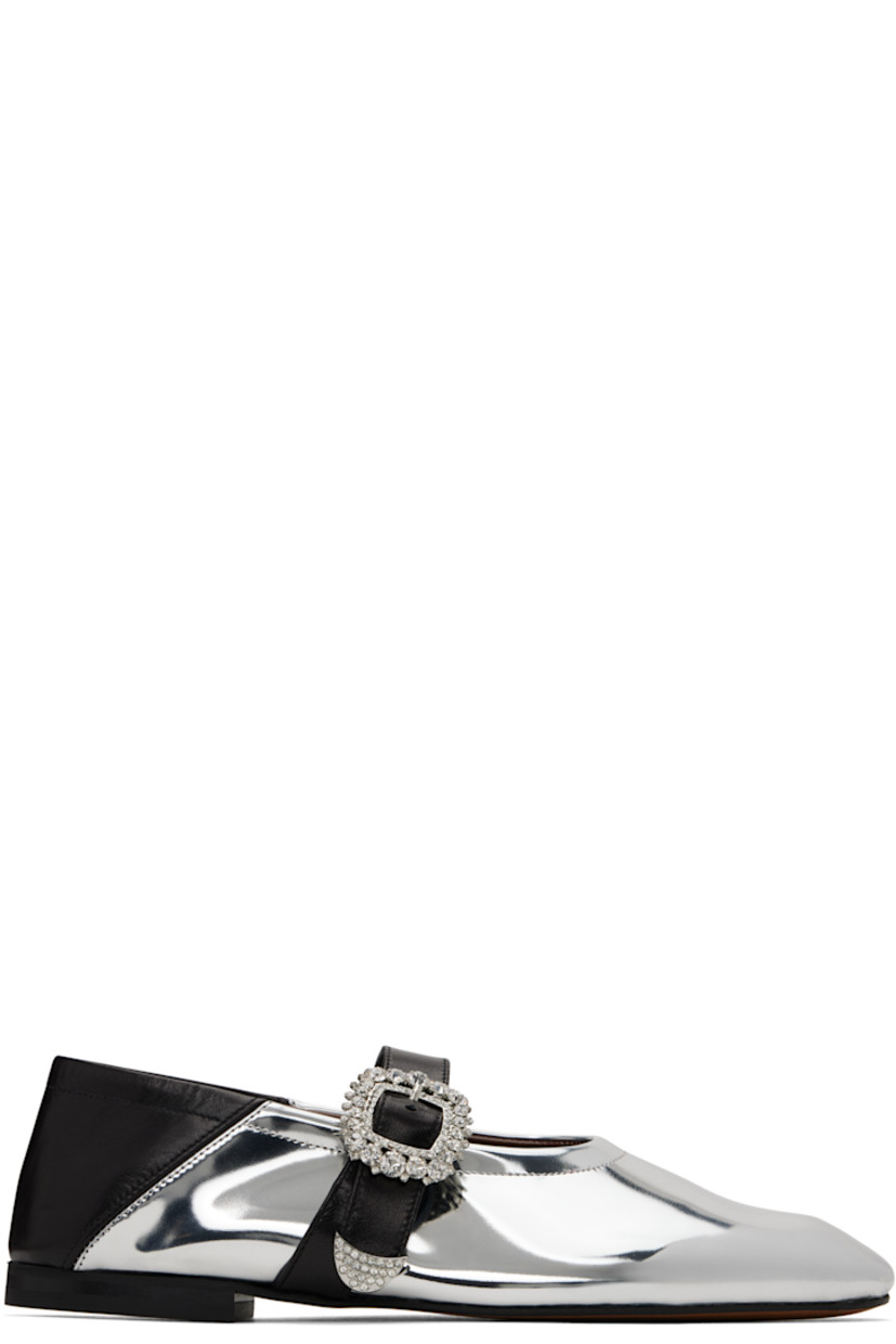 Patent leather Mary Jane-style ballerina flats in silver tone.

· Almond toe
· Crystal-cut pin-buckle strap at vamp
· Collapsible heel counter
· Buffed leather lining
· Stacked leather heel with rubber injection
· Leather sole

Supplier color: Silver