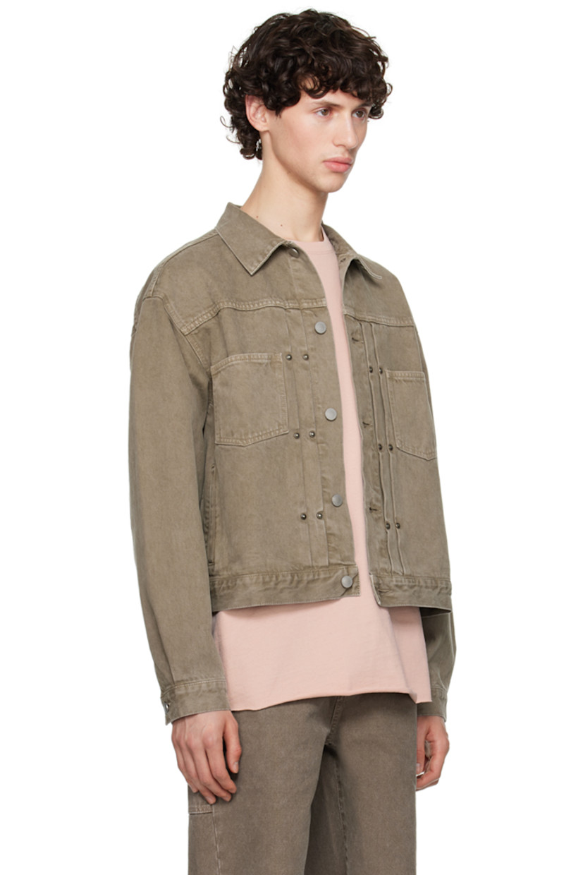 Non-stretch denim jacket. Fading and rivets throughout. 

· Spread collar
· Button closure
· Knife pleats at placket 
· Patch and welt pockets
· Cropped hem 
· Single-button barrel cuffs
· Twin pleats at back yoke
· Cinch strap at back
· Silver-tone hardware

Supplier color: Brown