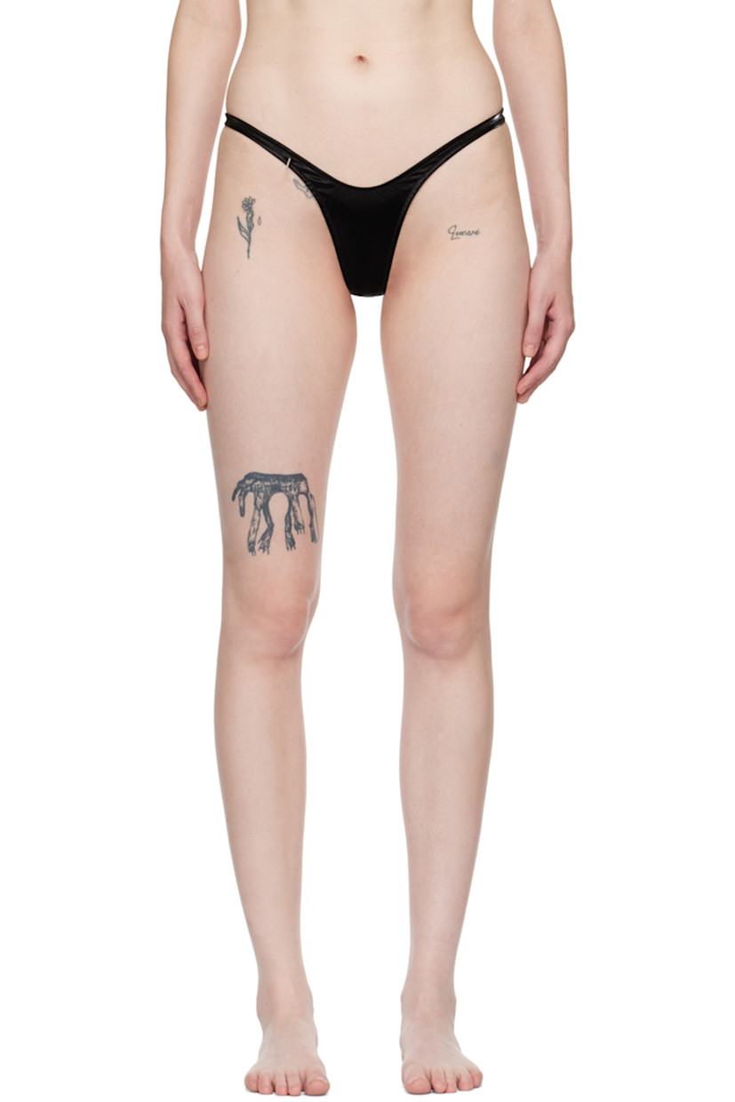 Stretch polyester-blend lamé jersey thong-style bikini bottoms.

· Low-to-high-rise
· Logo plaque at front waistband
· Full stretch nylon jersey lining

Supplier color: Pitch black