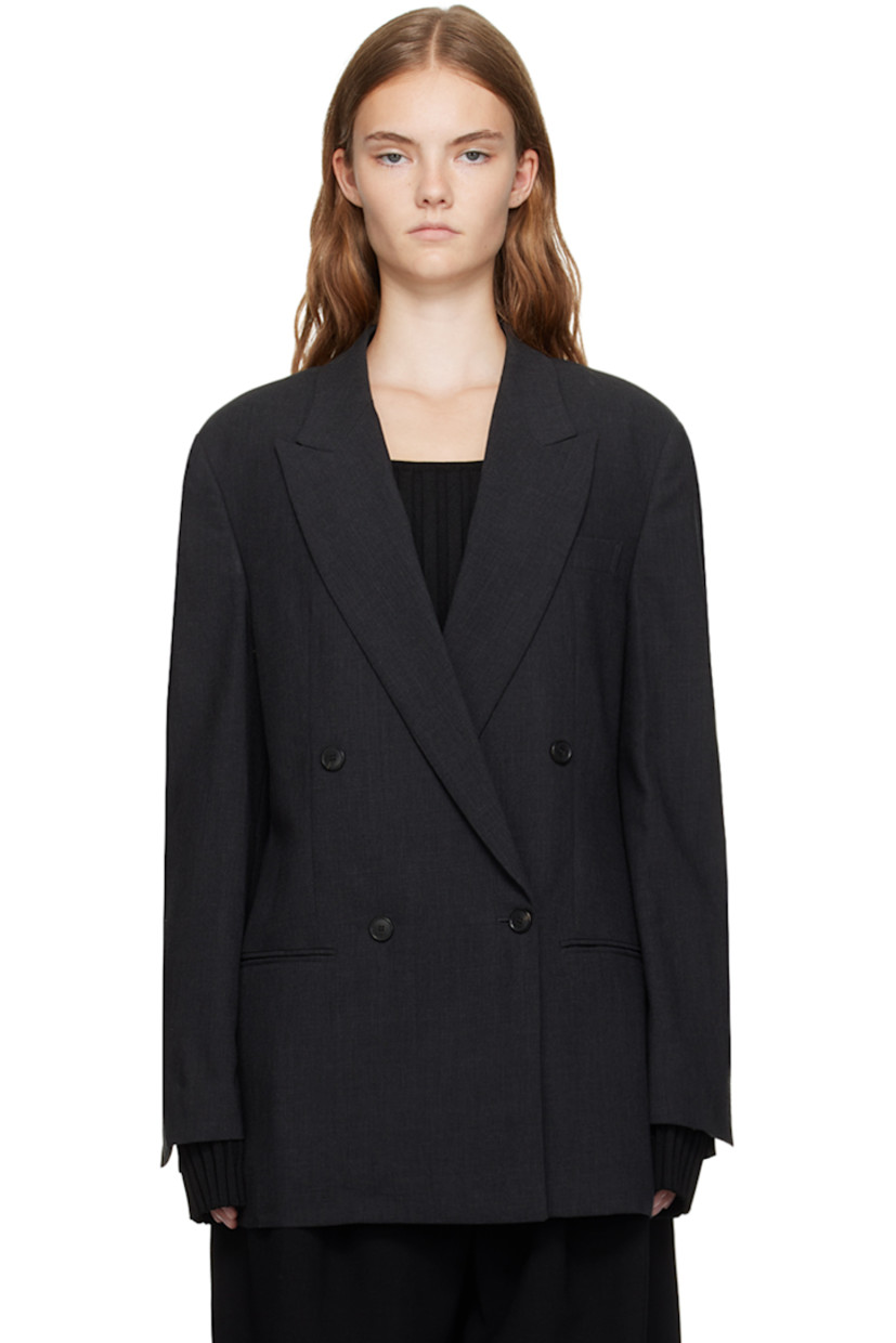 Wool delaine blazer. 

· Peaked lapel
· Double-breasted button closure
· Welt pocket and flap pockets
· Padded shoulders
· Vented cuffs 
· Twin vents at back hem 
· Full satin lining

Supplier color: Charcoal gray
