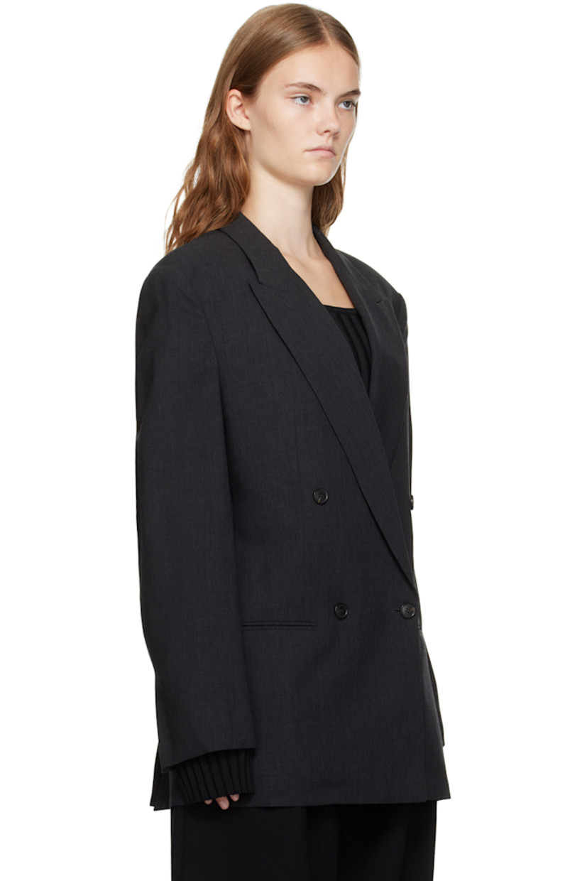 Wool delaine blazer. 

· Peaked lapel
· Double-breasted button closure
· Welt pocket and flap pockets
· Padded shoulders
· Vented cuffs 
· Twin vents at back hem 
· Full satin lining

Supplier color: Charcoal gray