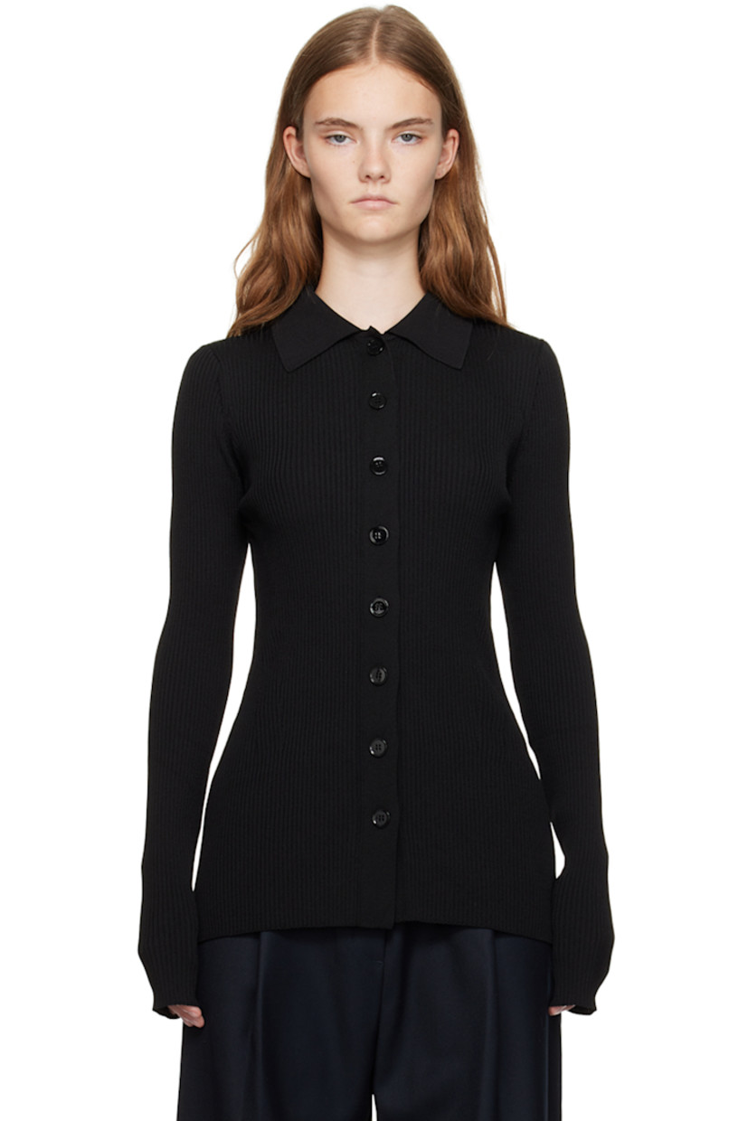 Rib knit rayon- and nylon-blend cardigan. 

· Modified spread collar
· Button closure at front and back
 
Supplier color: Black