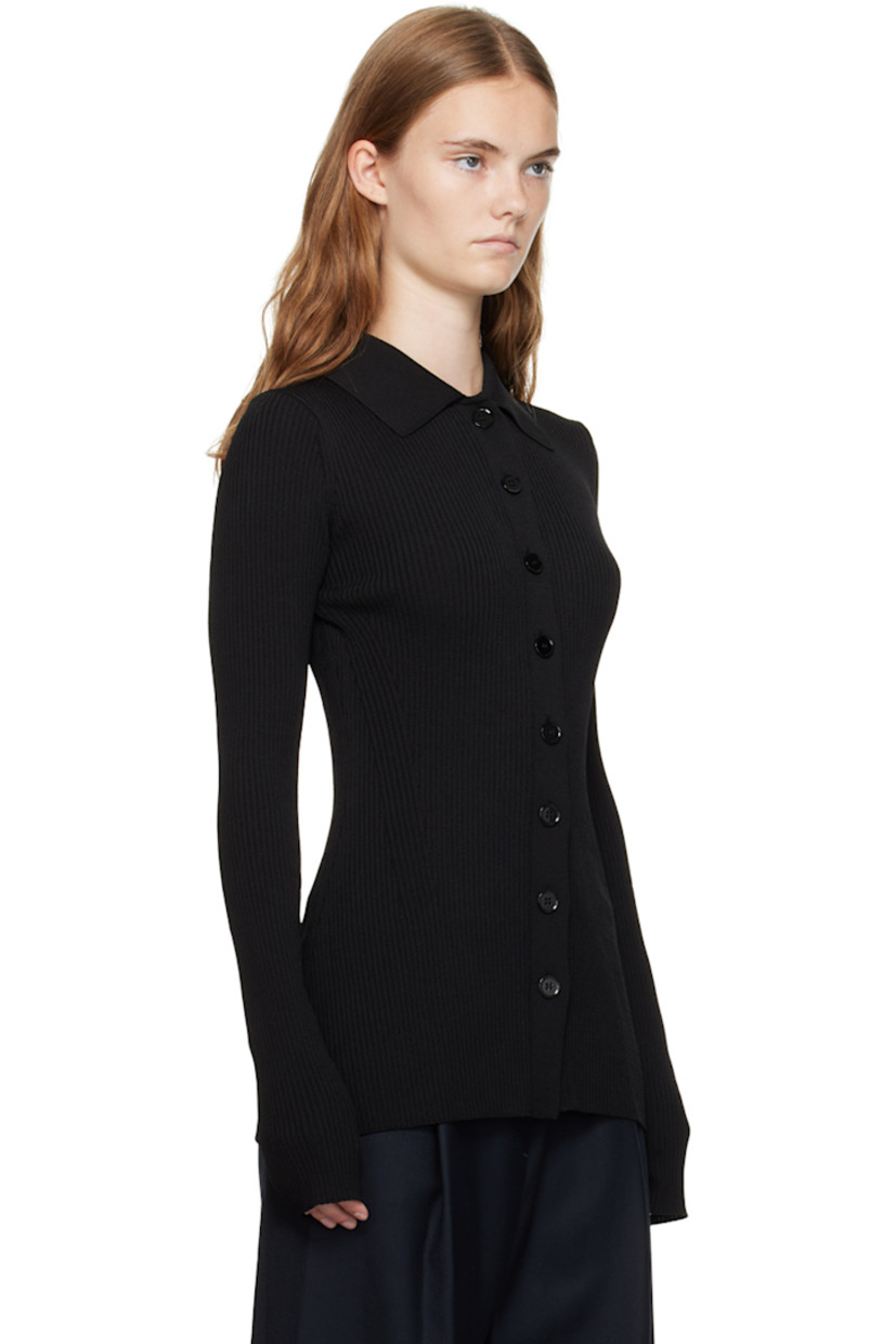 Rib knit rayon- and nylon-blend cardigan. 

· Modified spread collar
· Button closure at front and back
 
Supplier color: Black