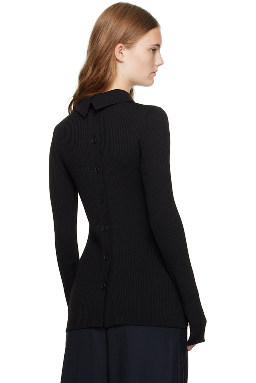 Rib knit rayon- and nylon-blend cardigan. 

· Modified spread collar
· Button closure at front and back
 
Supplier color: Black