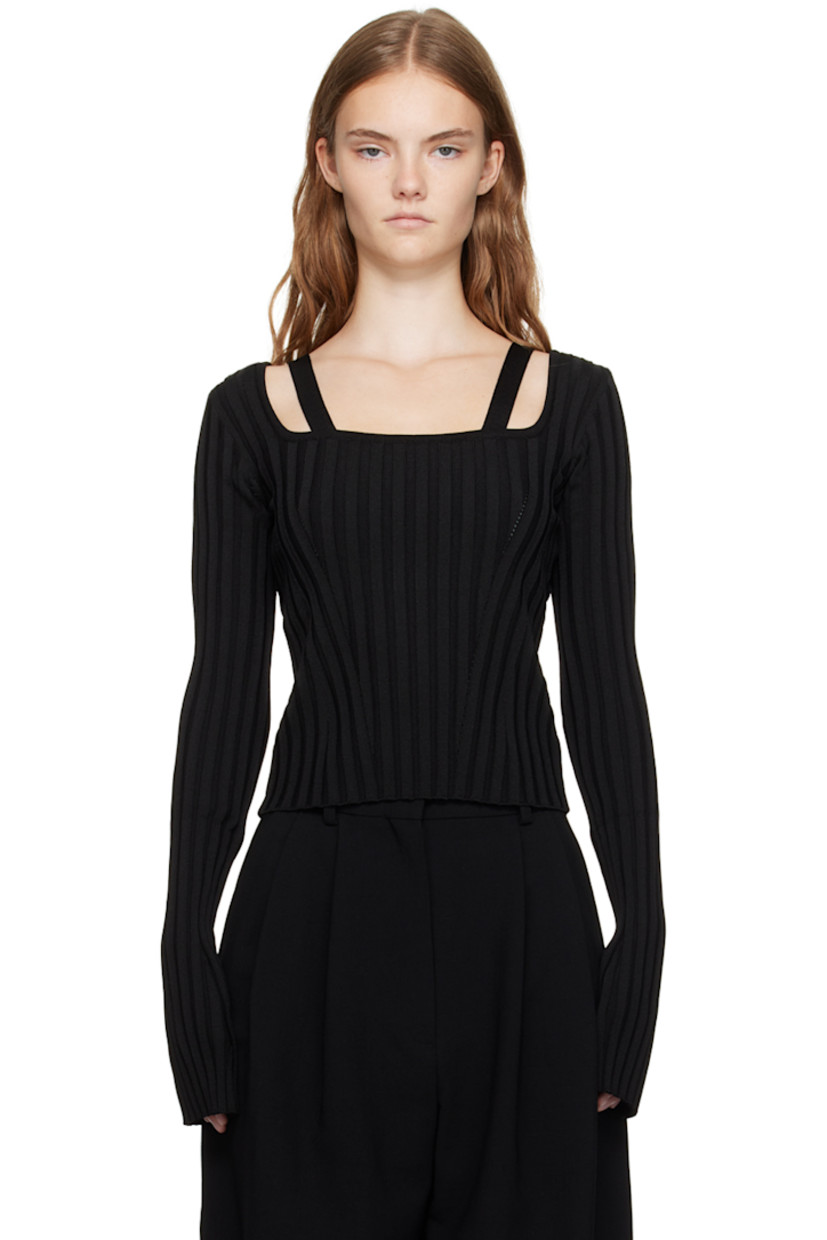 Rib knit rayon- and nylon-blend sweater. 

· Scoop neck
· Fixed shoulder straps
· Extended cuffs

Supplier color: Black