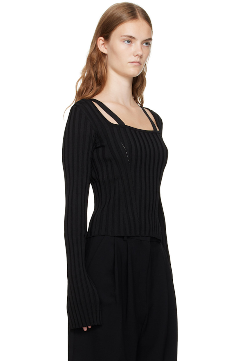Rib knit rayon- and nylon-blend sweater. 

· Scoop neck
· Fixed shoulder straps
· Extended cuffs

Supplier color: Black