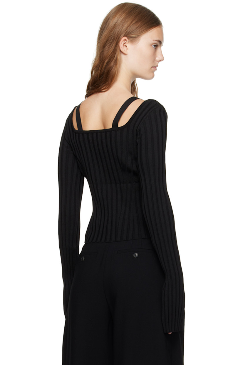 Rib knit rayon- and nylon-blend sweater. 

· Scoop neck
· Fixed shoulder straps
· Extended cuffs

Supplier color: Black