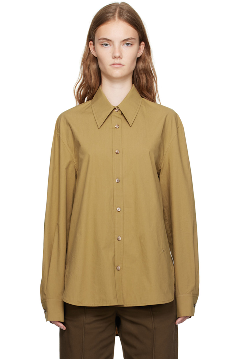 Cotton poplin shirt.

· Spread collar
· Button closure
· Logo embroidered at front 
· Shirttail hem
· Single-button barrel cuffs
· Twin pleats at back yoke

Supplier color: Olive