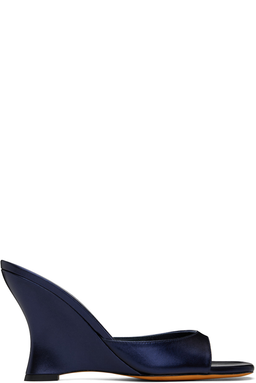 Buffed calfskin heeled sandals in navy.

· Open square toe
· Logo embossed at padded footbed
· Covered wedge heel with rubber injection
· Leather sole
· Heel: H3.5"

Supplier color: Alder