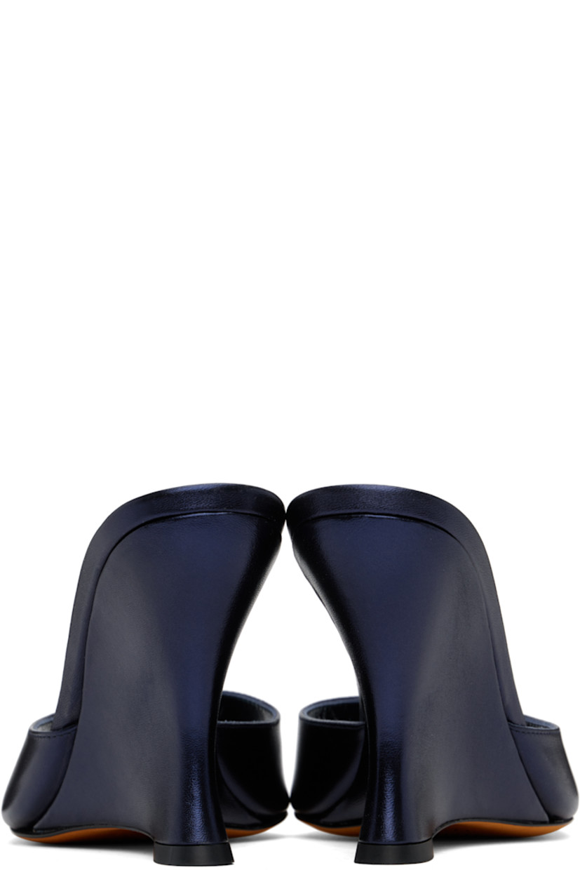 Buffed calfskin heeled sandals in navy.

· Open square toe
· Logo embossed at padded footbed
· Covered wedge heel with rubber injection
· Leather sole
· Heel: H3.5"

Supplier color: Alder
