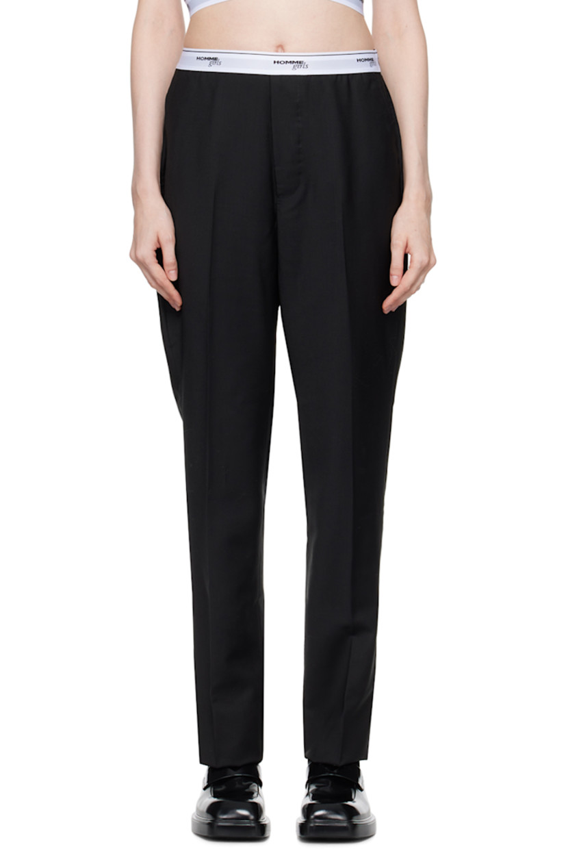Wool twill trousers. 

· Logo-woven elasticized waistband 
· Four-pocket styling 
· Button-fly 
· Creased legs
· Zip closure at outseam 
· Unlined 

Supplier color: Black