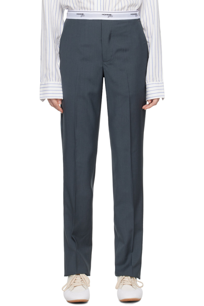 Wool twill trousers. 

· Logo-woven elasticized waistband 
· Four-pocket styling 
· Button-fly 
· Creased legs
· Zip closure at outseam 
· Unlined 

Supplier color: Gray
