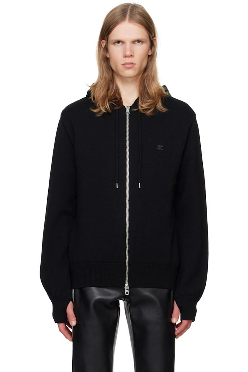 Knit merino wool-blend hoodie. 

· Drawstring at hood
· Zip closure
· Logo embroidered at chest
· Rib-knit hem and cuffs
· Seam pockets
· Silver-tone hardware 

Supplier color: Black