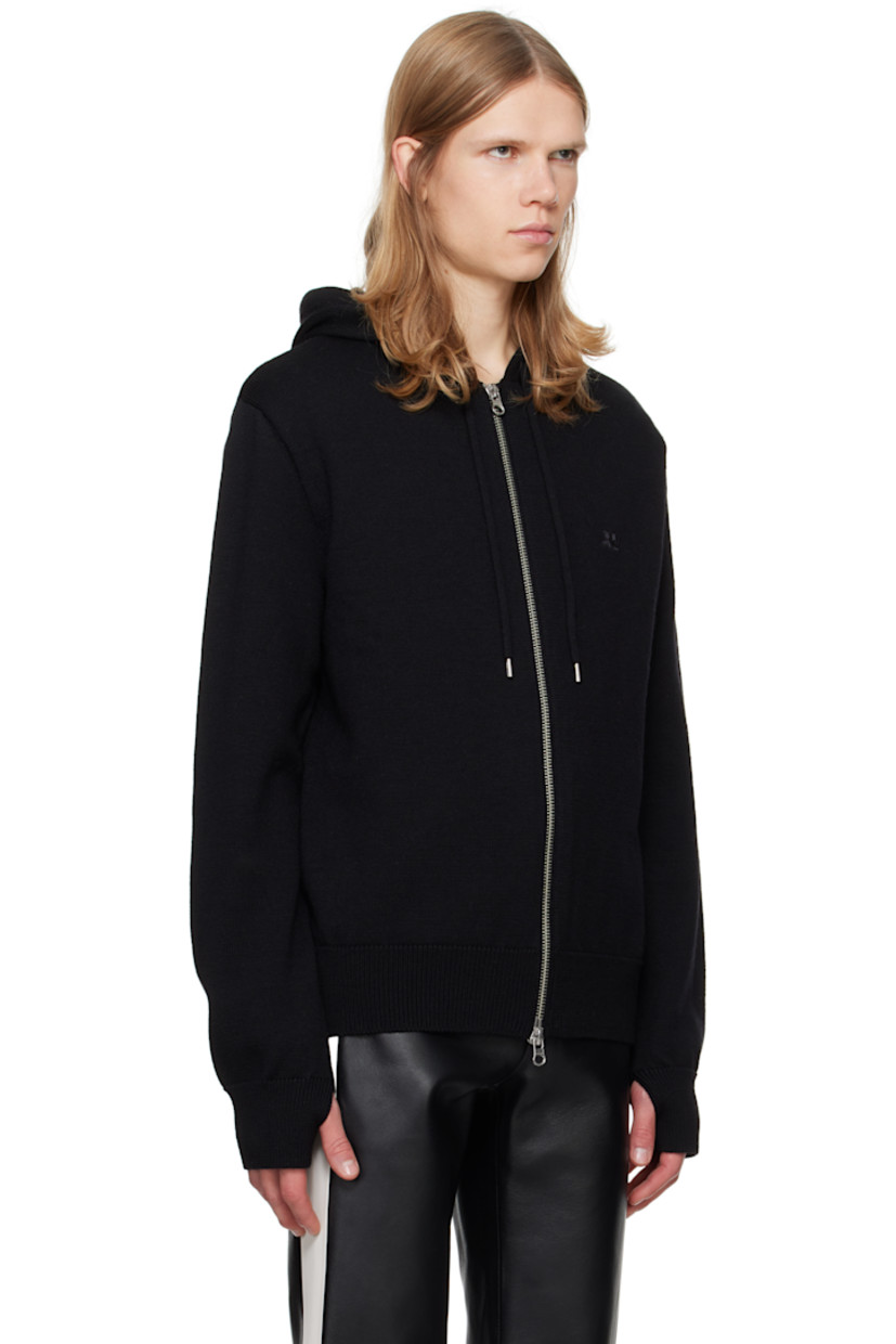 Knit merino wool-blend hoodie. 

· Drawstring at hood
· Zip closure
· Logo embroidered at chest
· Rib-knit hem and cuffs
· Seam pockets
· Silver-tone hardware 

Supplier color: Black