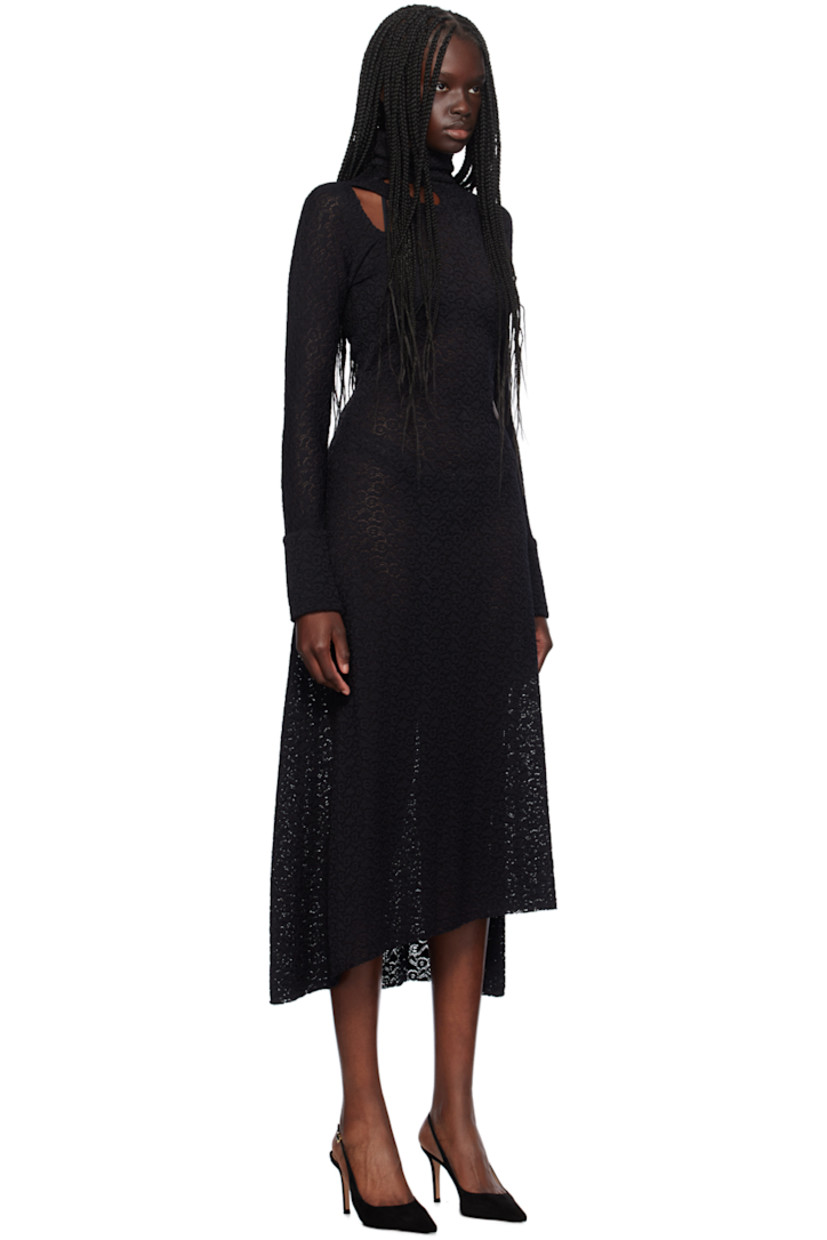 Stretch nylon lace dress. Floral pattern and cutouts throughout.

· Concealed zip closure at turtleneck
· Vented cuffs
· Slit at side seam
· Asymmetric hem

Supplier color: Black