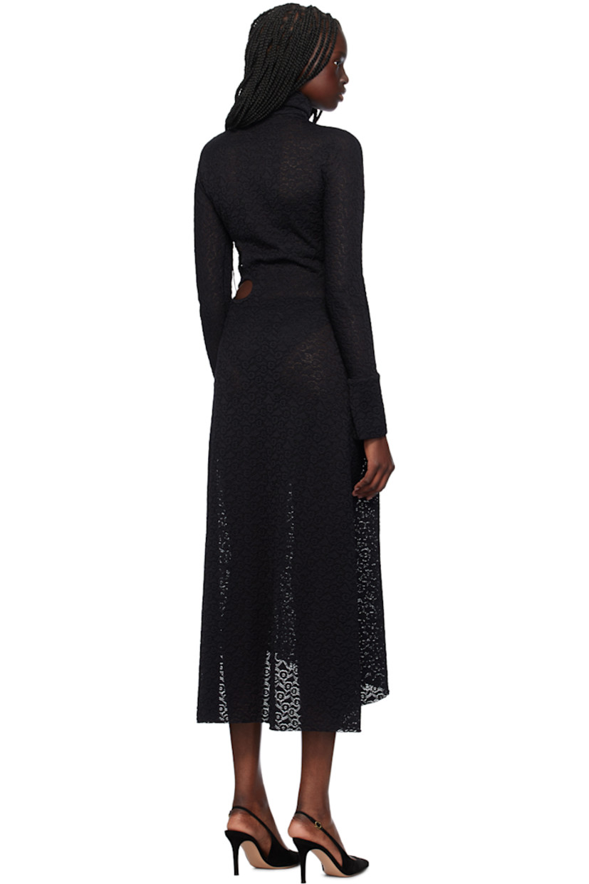 Stretch nylon lace dress. Floral pattern and cutouts throughout.

· Concealed zip closure at turtleneck
· Vented cuffs
· Slit at side seam
· Asymmetric hem

Supplier color: Black