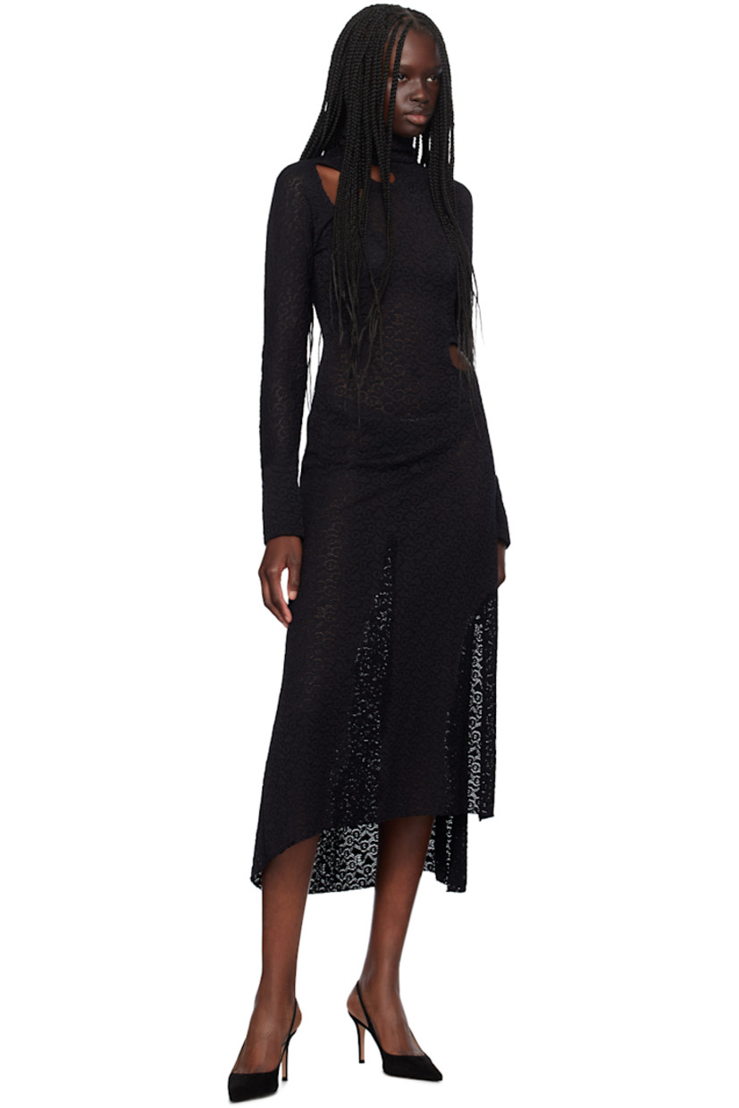 Stretch nylon lace dress. Floral pattern and cutouts throughout.

· Concealed zip closure at turtleneck
· Vented cuffs
· Slit at side seam
· Asymmetric hem

Supplier color: Black