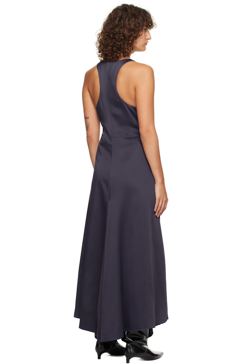 Acetate satin midi dress.

· Pleats at plunging V-neck and waist
· Seam pockets 
· Concealed zip closure at side
· Asymmetric hem
· Racer back
· Godet panel at back hem
· Full crepe de chine lining

Supplier color: Ink blue