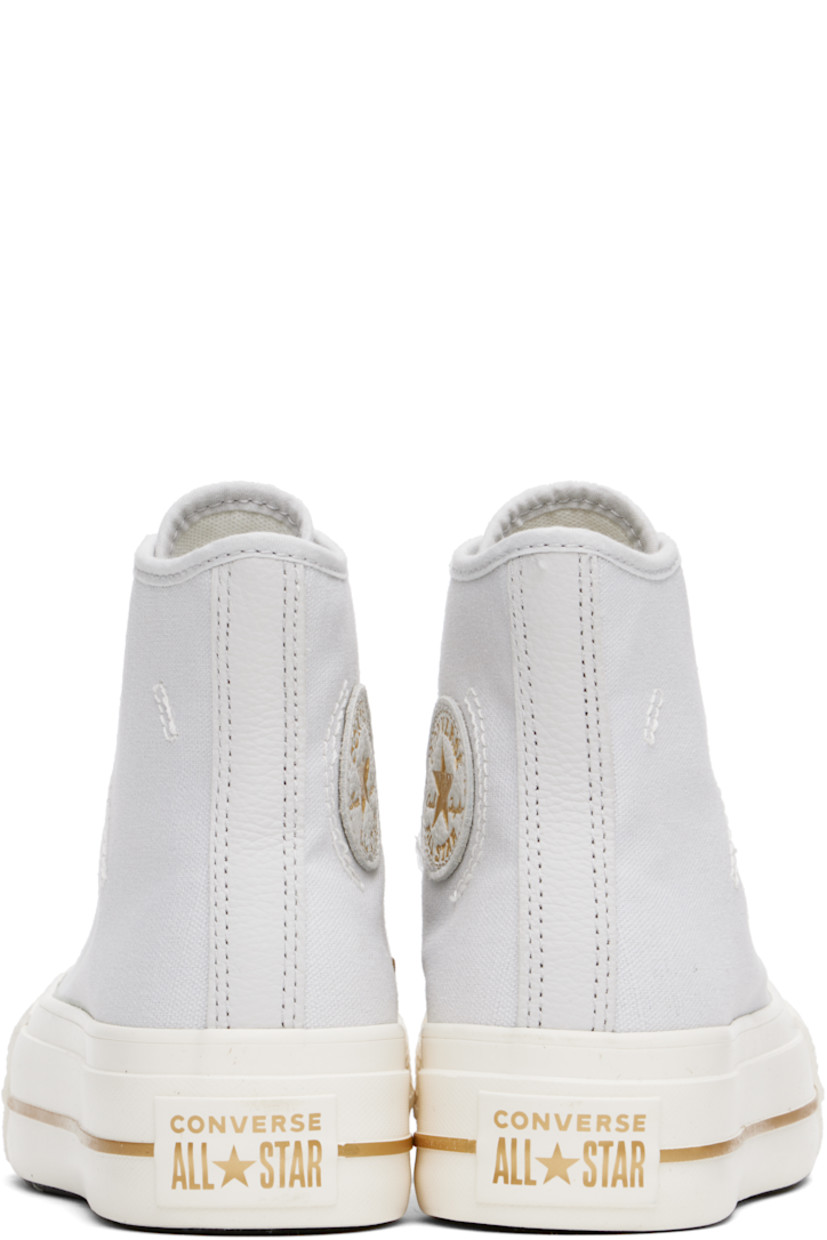 High-top canvas sneakers in gray.

· Rubber cap toe
· Lace-up closure
· Logo patch and eyelets at inner side
· Mesh lining
· OrthoLite cushioning insole
· Logo patch at heel
· Treaded rubber platform sole 
· Platform: H1.5"

Supplier color: Barely Grey/Egret/Gold