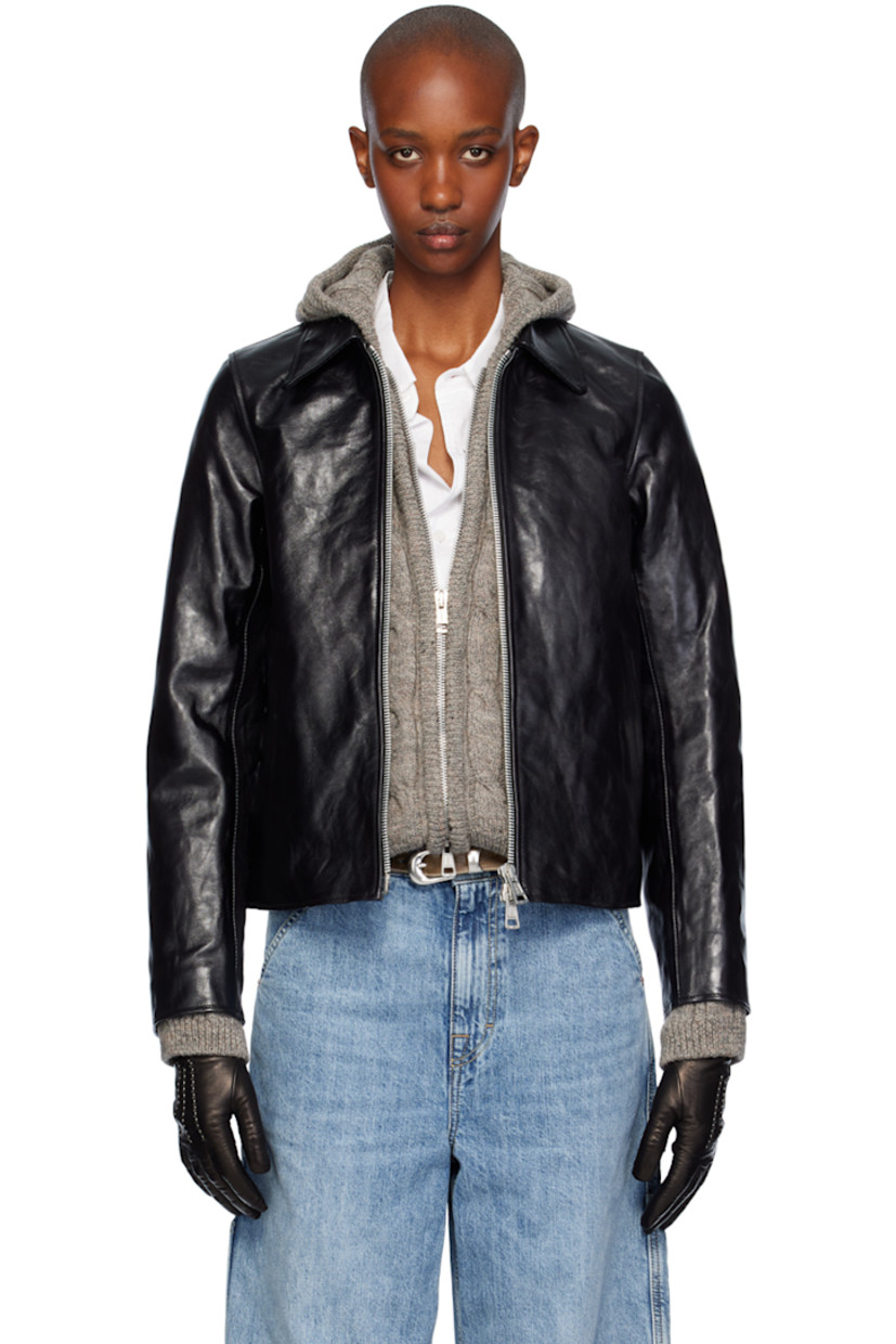 Vegetable-tanned crinkled leather jacket. 

· Spread collar
· Two-way zip closure
· Welt pockets 
· Welt pocket at interior
· Cotton-blend twill lining

Supplier color: Top dyed black