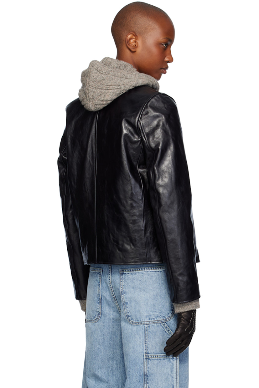 Vegetable-tanned crinkled leather jacket. 

· Spread collar
· Two-way zip closure
· Welt pockets 
· Welt pocket at interior
· Cotton-blend twill lining

Supplier color: Top dyed black