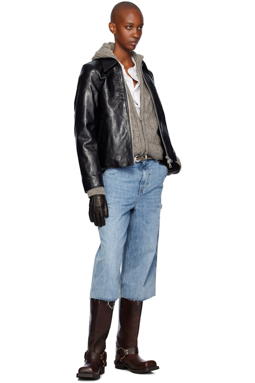 Vegetable-tanned crinkled leather jacket. 

· Spread collar
· Two-way zip closure
· Welt pockets 
· Welt pocket at interior
· Cotton-blend twill lining

Supplier color: Top dyed black