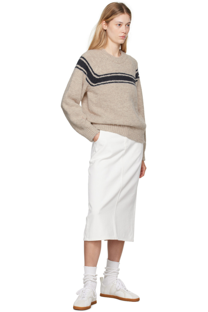 Non-stretch denim skirt.

· Belt loops
· Four-pocket styling
· Zip-fly
· Leather logo patch at back waistband
· Central slit at back hem
· Logo-engraved silver-tone hardware

Supplier color: White