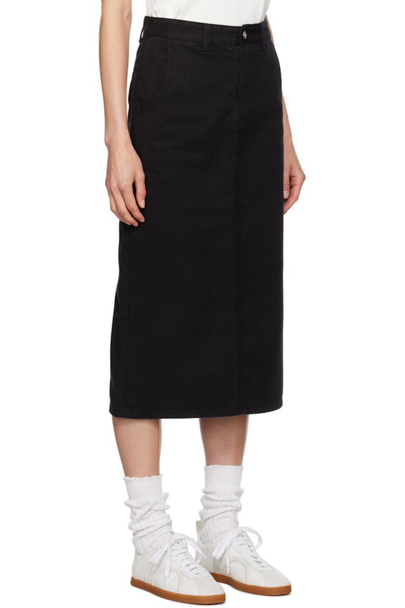 Non-stretch denim skirt.

· Belt loops
· Four-pocket styling
· Zip-fly
· Leather logo patch at back waistband
· Central slit at back hem
· Logo-engraved silver-tone hardware

Supplier color: Washed black