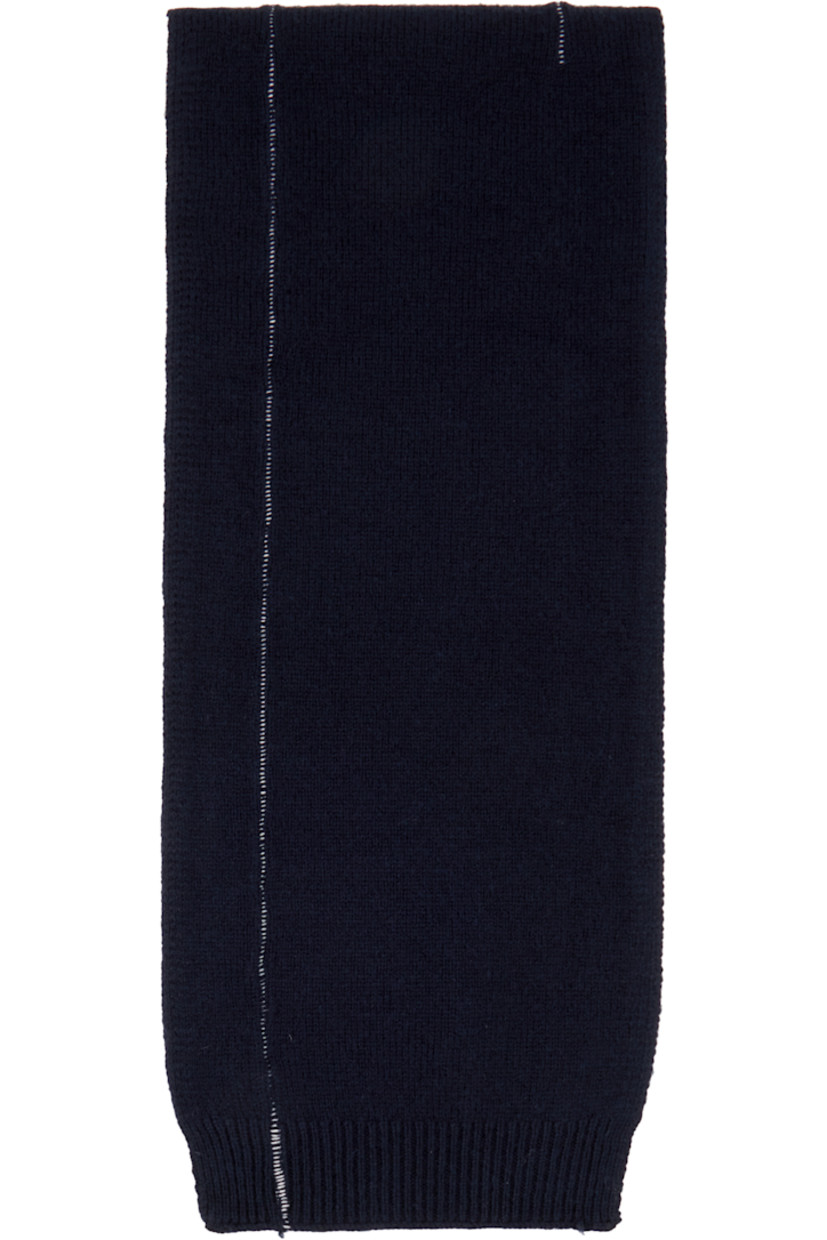 Rectangular knit virgin wool scarf in navy.

· Bouclé logo appliqué at face
· Rib-knit ends
· Distressing at end
· Contrast whipstitching in white
· L78" x W9.5"

Supplier color: Navy/Russet brown