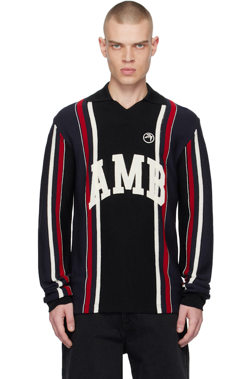Knit virgin wool- and acrylic-blend polo. Jacquard stripes throughout.

· Rib-knit spread collar and cuffs
· Open placket
· Logos embroidered at front 

Supplier color: Black/Multi