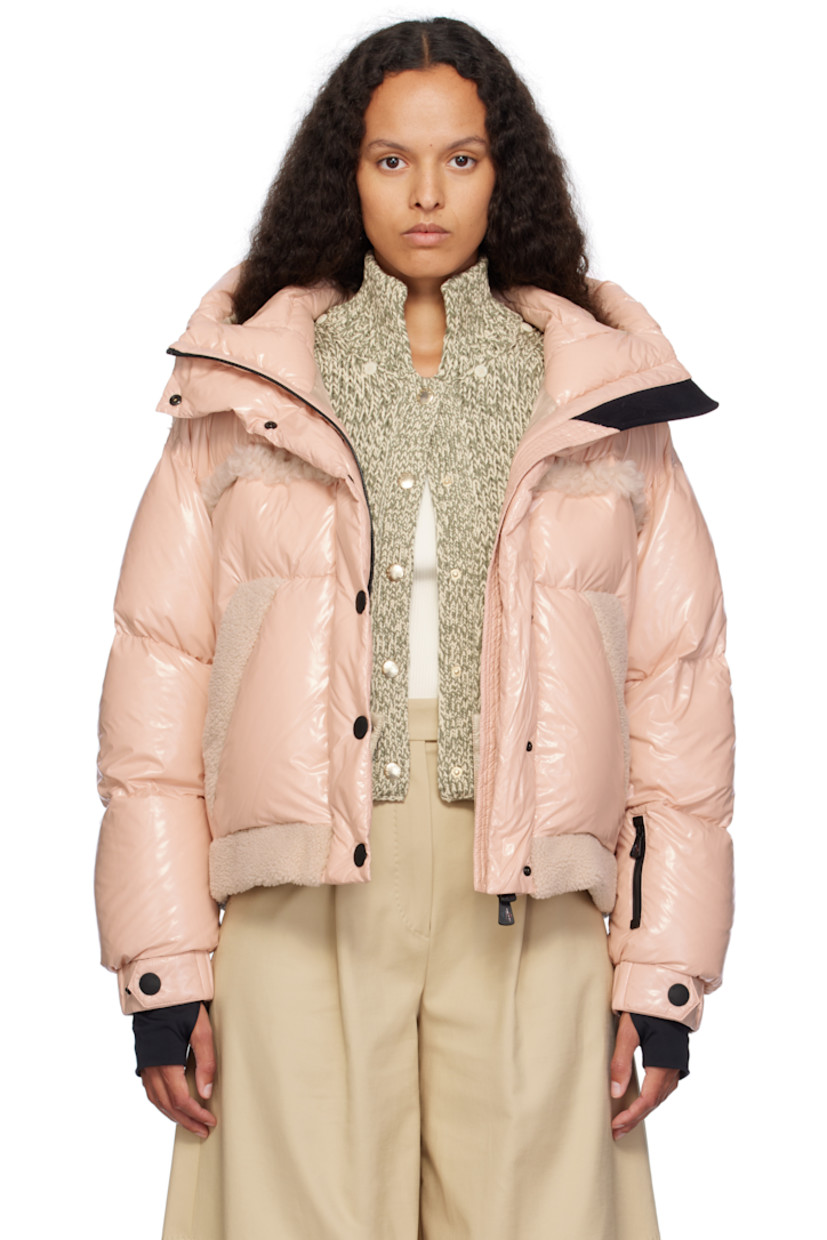 DIST-certified down-filled lightweight nylon satin jacket. Shearling trim throughout.

· Windproof, water-repellent, and breathable
· Bungee-style drawstring at hood
· Stand collar
· Two-way zip closure with press-stud placket
· Adjustable press-stud tab at elasticized cuffs
· Thumbhole at inset jersey cuffs
· Zip pocket at interior
· Snow skirt with elasticized hem at interior
· Full satin lining

Supplier color: Mauve

Fill: 90% goose down, 10% feather.
