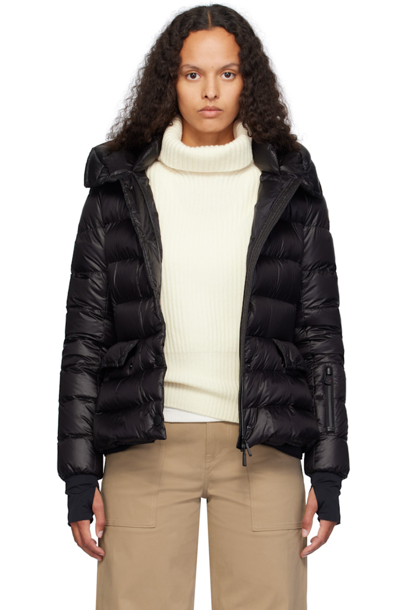 DIST-certified down-filled and quilted nylon satin jacket. 

· Bungee-style drawstring at hood
· Stand collar
· Two-way zip closure with press-stud placket
· Zip pockets
· Embroidered logo patch at sleeve
· Inset jersey cuffs
· Snow skirt with elasticized hem at interior
· Full satin lining

Supplier color: Black

Fill: 90% goose down, 10% feather.