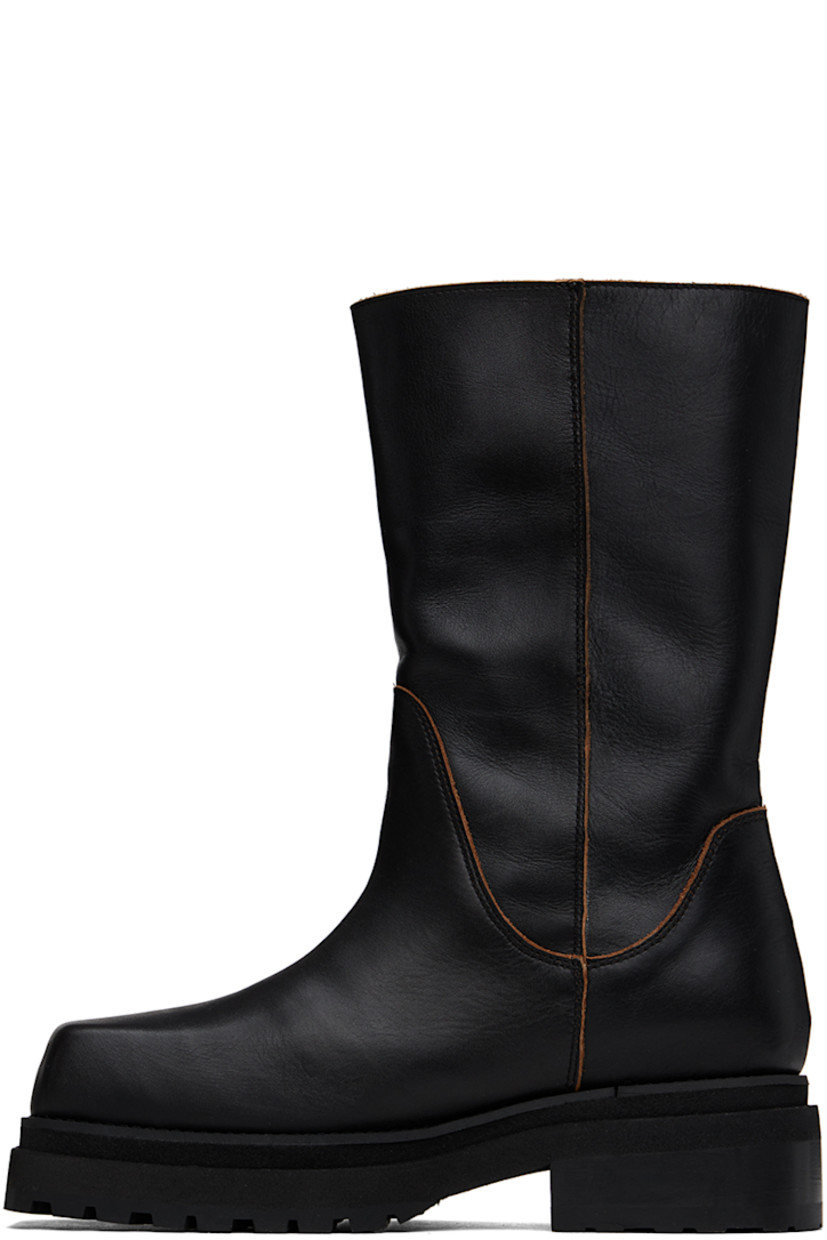 Mid-calf grained leather boots in black.

· Square toe
· Logo-embossed padded leather footbed
· Grained leather lining
· Stacked leather heel with rubber injection
· Foam rubber midsole
· Treaded rubber sole
· Heel: H2"

Supplier color: Black